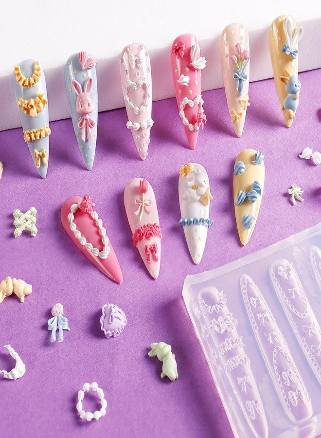 Laza 4pcs Cream Chain Silicone Nail Art Molds, 3D Multiple Shapes Embossed Cream Chain Bowknot Rabbit Charms Nail Accessories with Carving Pen Resin Nail Art Mold Manicure Tools for Manicure Design - Image 2